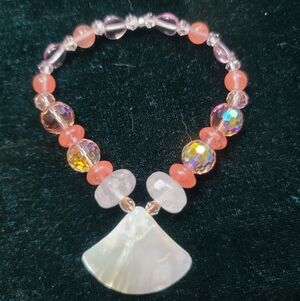 Pink and Iridescent Beaded Women's Bracelet with Shell Charm